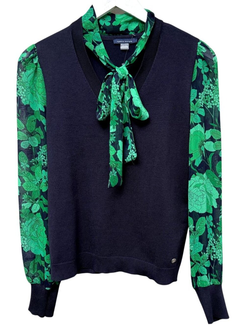 Tommy Hilfiger Bow Sweater Small Kelly Green Chiffon Print Sleeves Preppy NWOT